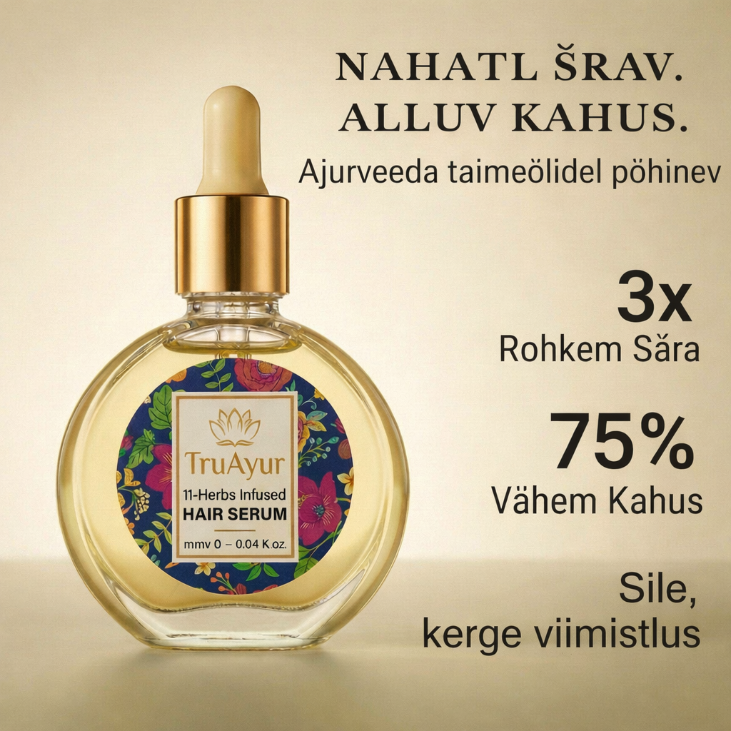 Ayurveda juukseseerumõli 11 ürdiga tugevamate juuste, taltsutatud kahu ja särava läike saavutamiseks