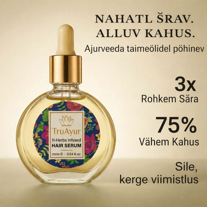 Ayurveda juukseseerumõli 11 ürdiga tugevamate juuste, taltsutatud kahu ja särava läike saavutamiseks