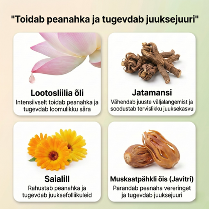 Ayurveda juukseseerumõli 11 ürdiga tugevamate juuste, taltsutatud kahu ja särava läike saavutamiseks