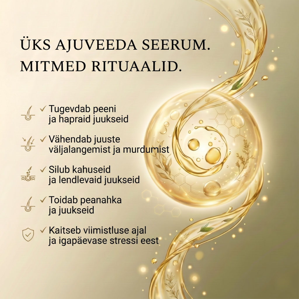 Ayurveda juukseseerumõli 11 ürdiga tugevamate juuste, taltsutatud kahu ja särava läike saavutamiseks