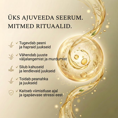 Ayurveda juukseseerumõli 11 ürdiga tugevamate juuste, taltsutatud kahu ja särava läike saavutamiseks